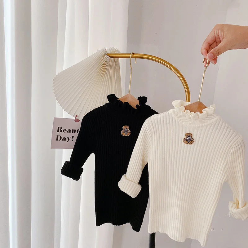 

Свитер для девочек, с лепестковым воротником, для весны и осени, милый пуловер для девочек, свитер с медвежонком, топ, белый, черный, зимний