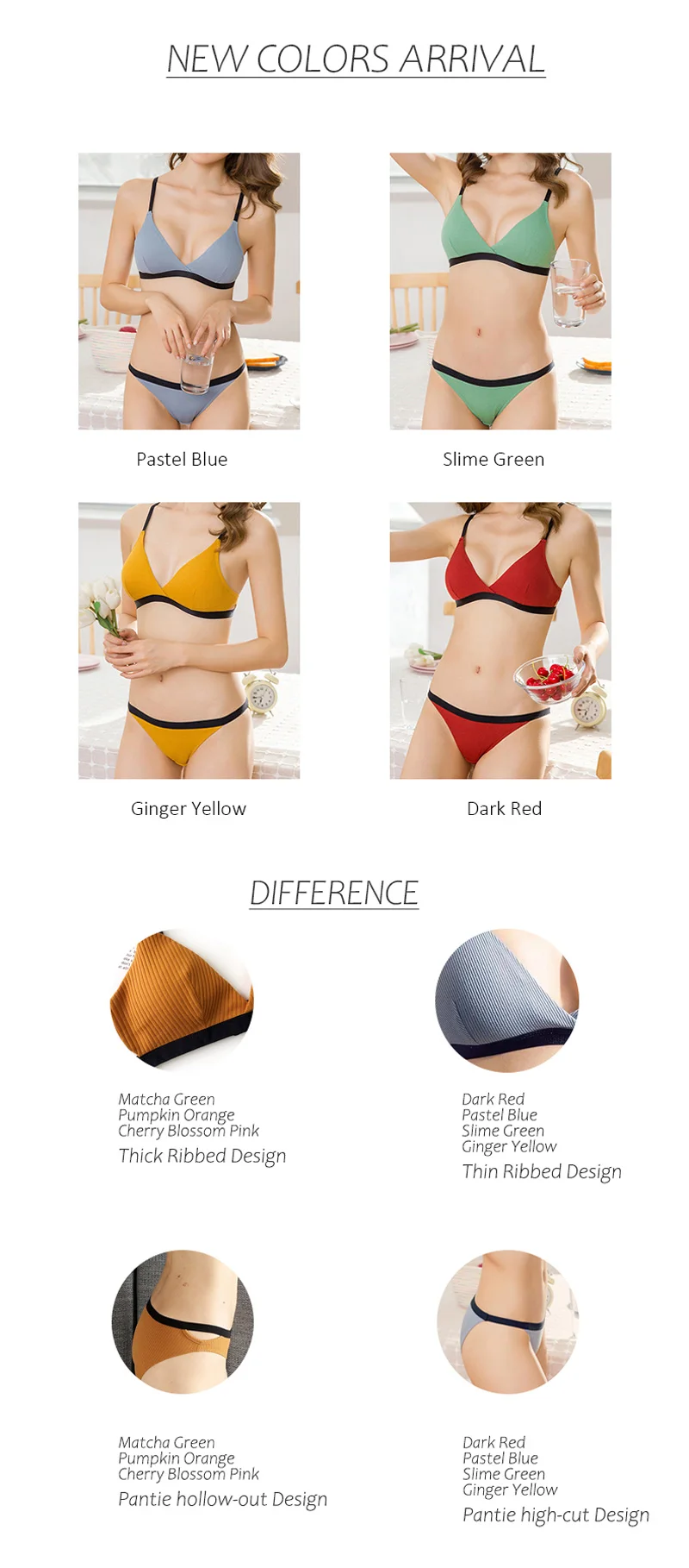 Французский спортивный стиль Bralette контрастного цвета хлопок Ребристое нижнее белье полые Triangel чашки без стали женское белье набор