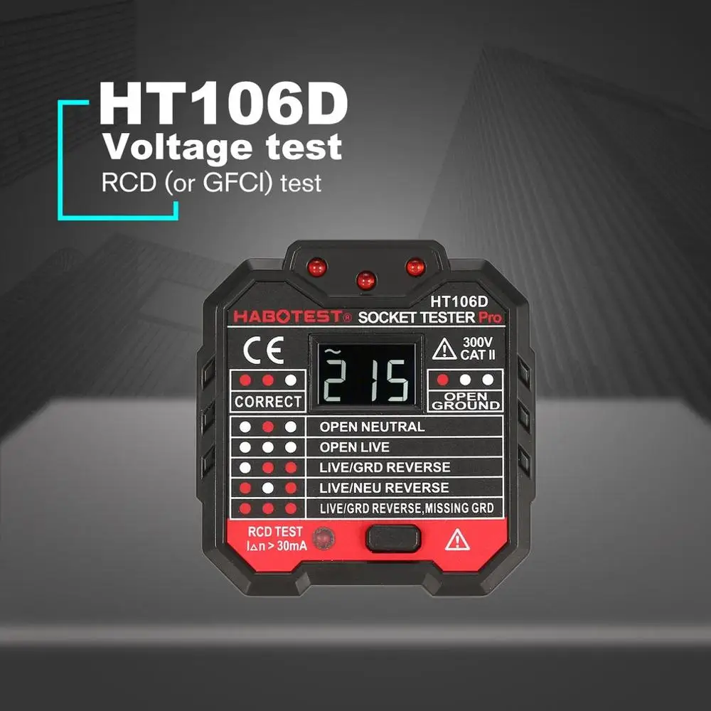 

HT106B HT106D Socket Testers Voltage Test Socket detector EU Plug Ground Zero Line Plug Polarity Phase Check
