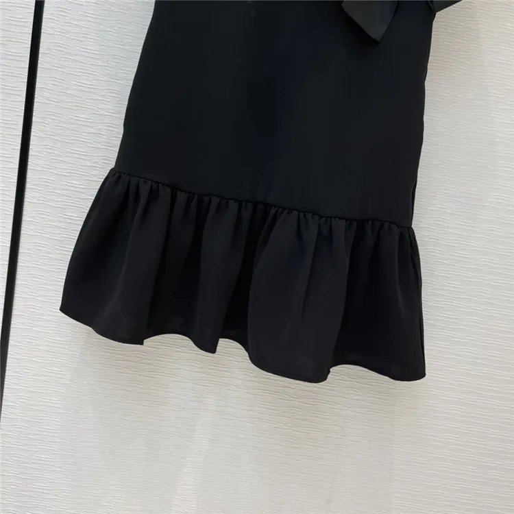 

2021 New Black Dresses Women High-end Design Contrast Lapel Bow Short Sleeve Mini Dress Office Lady Versatile Polyester Dresses