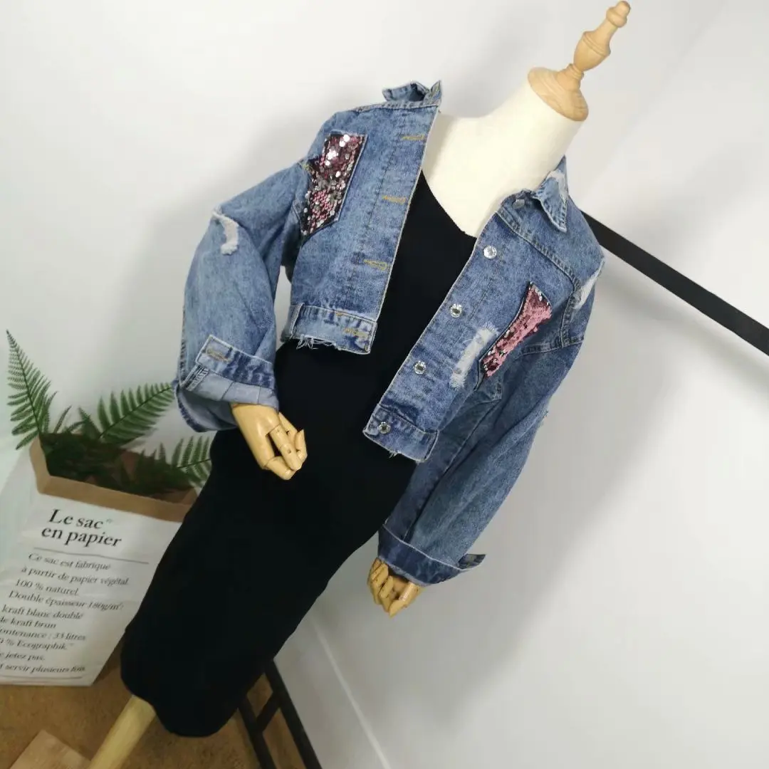 

Abrigos vaqueros para mujer abrigos largos europeos de lentejuelas dos bolsillos Vintage Tops cortos ropa de calle