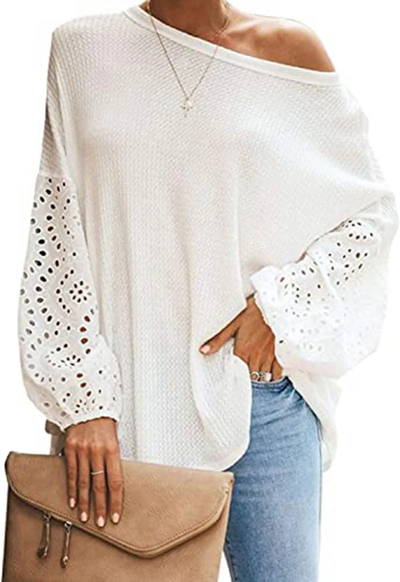 

Fashion New T-shirt Solid Color Loose Tops Sexy One Shoulder T-shirts Inclined Collar Hollow Tops Casual Long Sleeve Shirts
