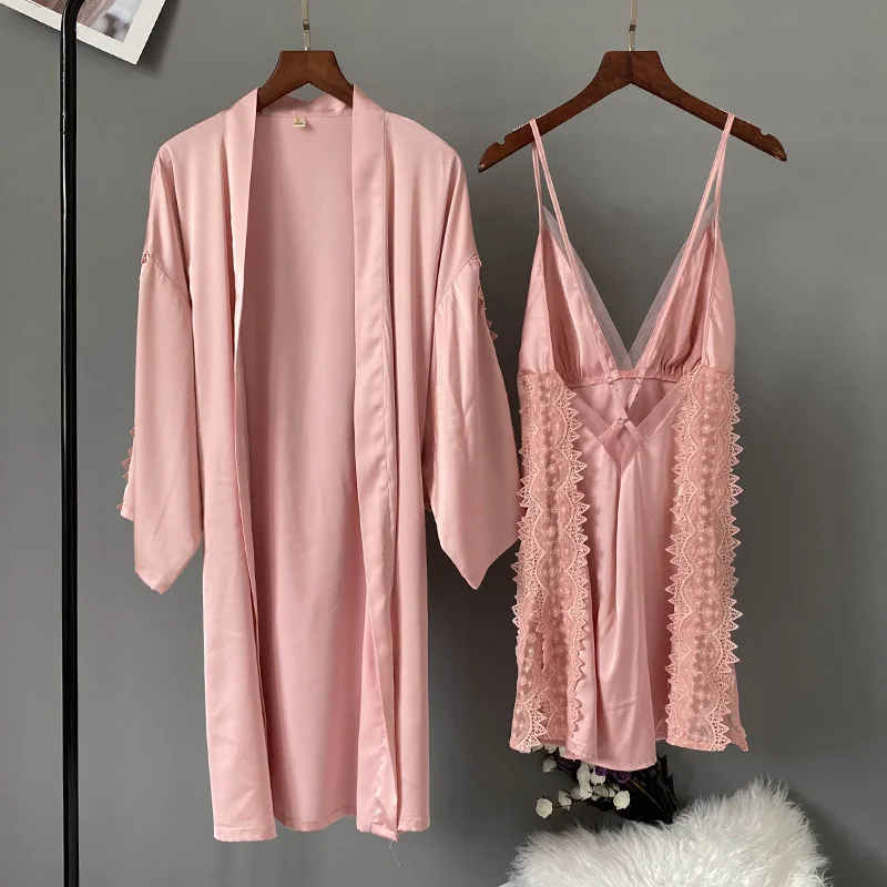

Two Pieces Kimono Gown Robe&Nightgown Suit Women Sexy Sleepwear Satin Bathrobe Soft Intimate Lingerie Lace Trim Home Wear
