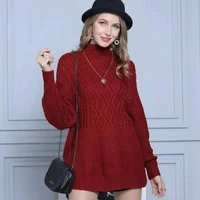 womens autumn and winter new products lantern sleeve half high neck cable flower sweater womens hooded mid length sweater