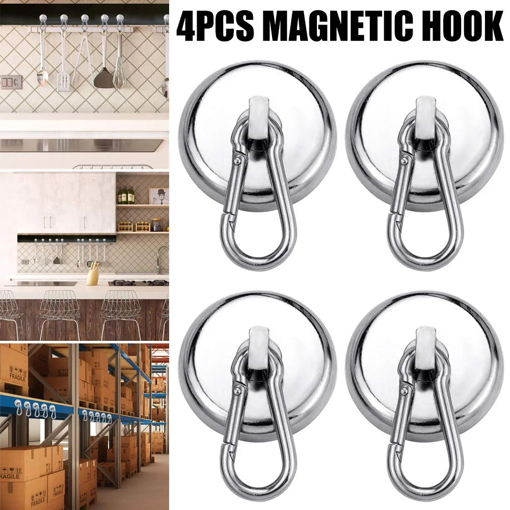 

4Pcs Magnetic Hooks Strong Heavy Duty Neodymium Magnet Hooks With Swivel Carabiner Hook For Refrigerator Kitchen Storage Bjstore