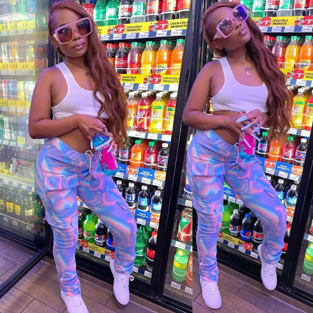 

New Arrival Colorful Print Tracksuit Women Pants High Waist Drawstring Sexy Fashion Hip Hop Pants Trousers Casual Streetwear