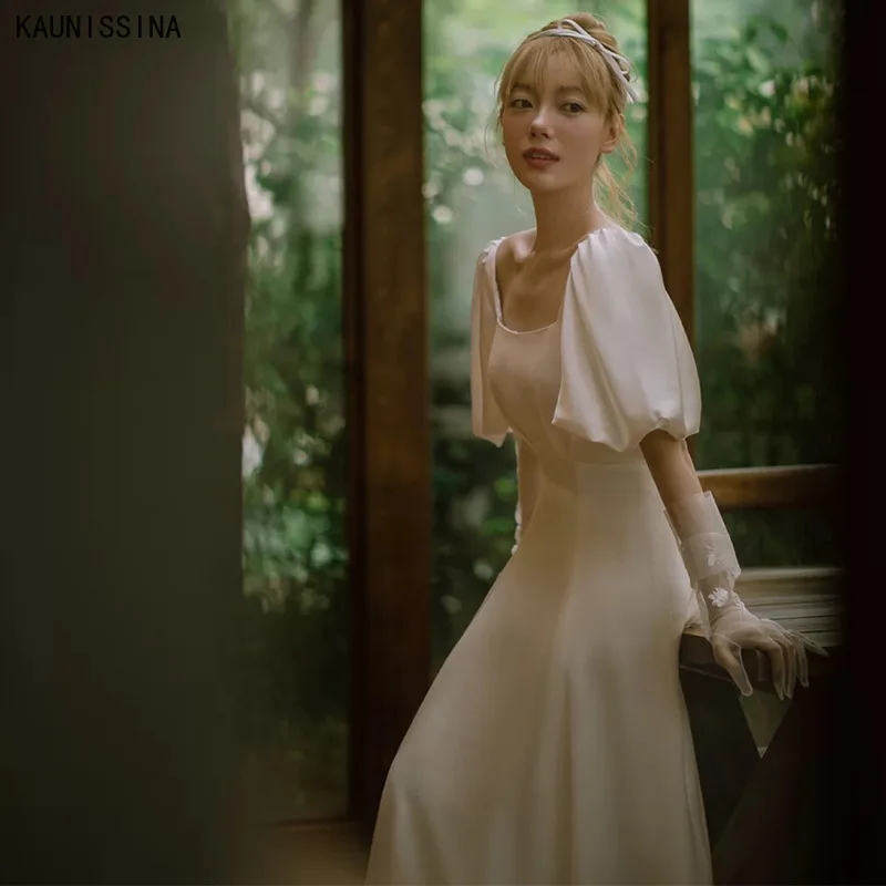 

KAUNISSINA Simple Bride Wedding Gowns Puff Sleeve Square Collar Cheap Wedding Dresses Women Romantic Bridal Vestido De Novia