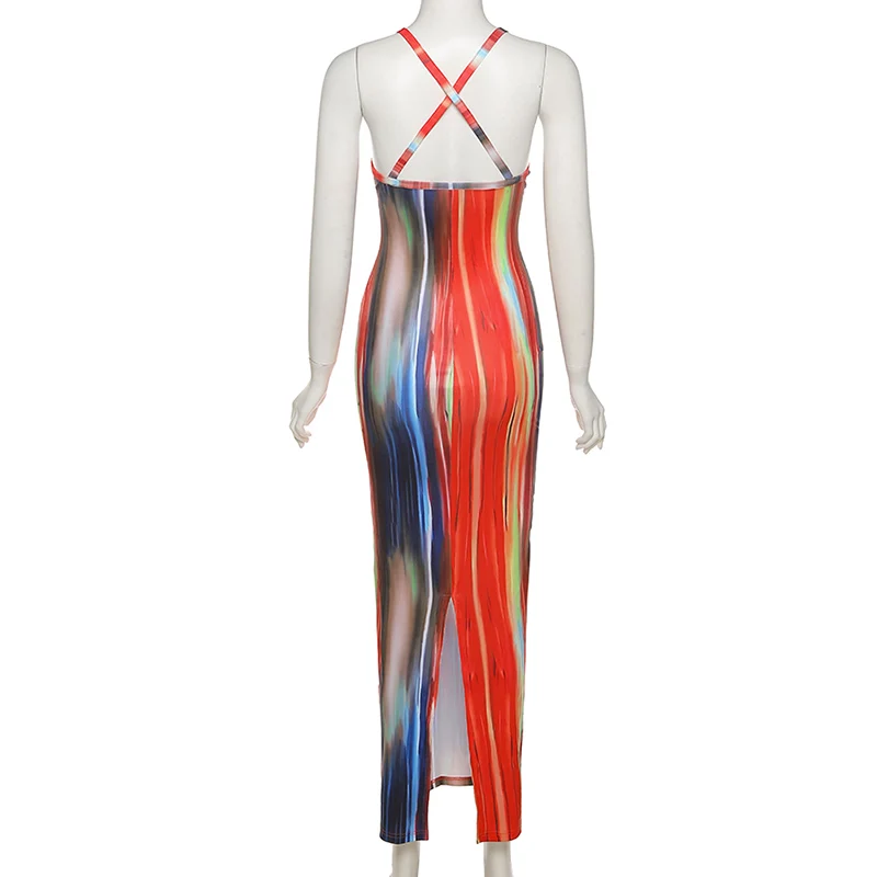 

Women Sleeveless Open Back Suspender Slim Dress Spaghetti Strap Sheath Streetwear Skirts Striped Side Slit Back Maxi Dress