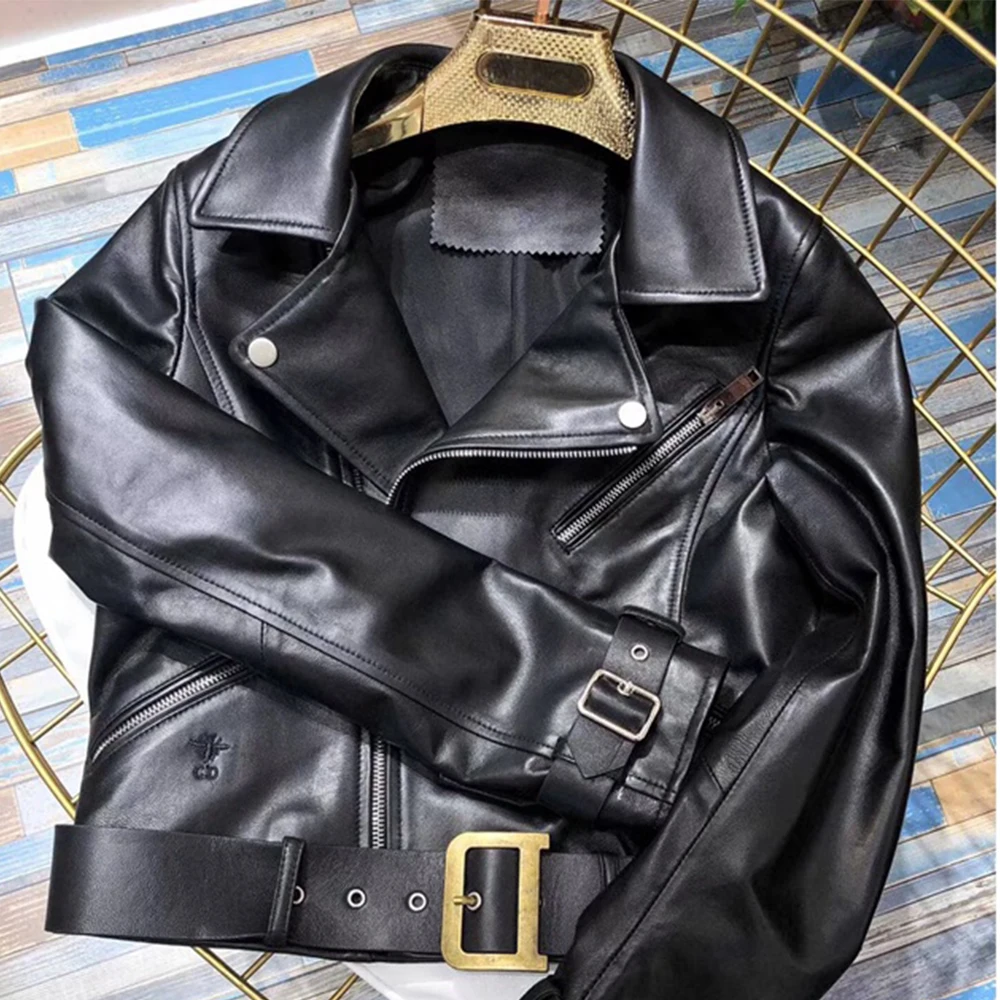 Женская черная кожаная куртка из натуральной овечьей шкуры одежда с поясом