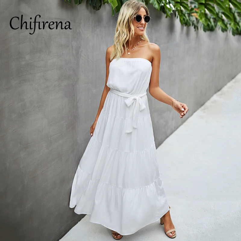 

Chifirena Strapless Sexy Maxi Women's Dress 2021 Off Shoulder Sexy Dresses Pleated Bandage Long Sundress Elegant Party Vestidos