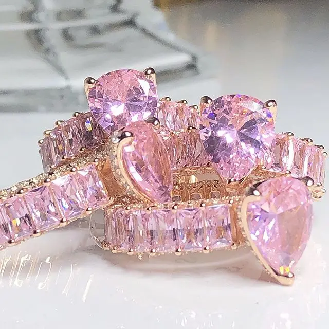 Rose Gold Baguette Pink Pinky Zircon Water Drop Stone Rings For Women Bridal 2022 Luxury Fashion Wedding Engagement Jewelry
