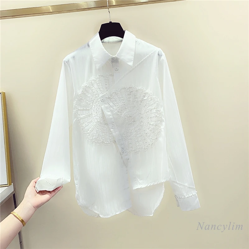 White Shirt Women 2021 Spring and Autumn Long-Sleeved Beaded Lace Stitching Irregular Blouse Female Fashion Top Nancylim