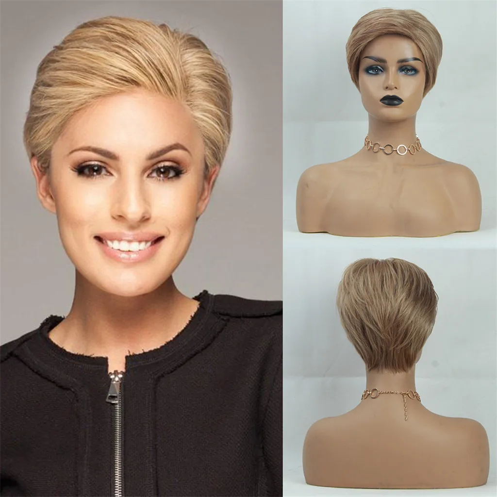 

8 Inch Human Hair Wigs Light Brown Short Straight Women Lady Fashion Wig
