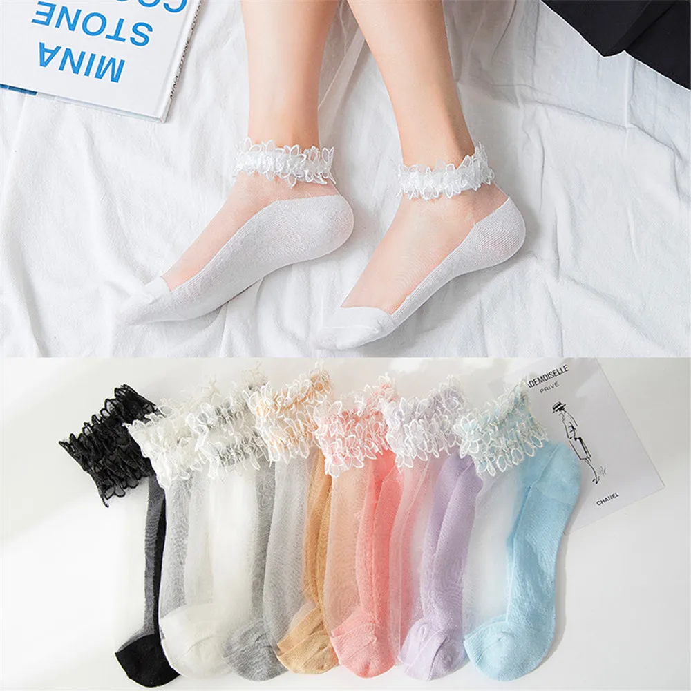 

Flowers Lace Ladies Sheer Socks Transparent Thin Crystal Silk Elastic Cotton Sole Elegant Women Ankle Socks New Girls Hosiery
