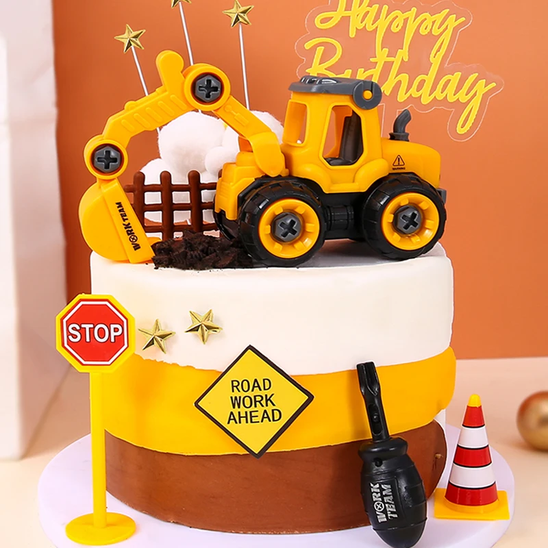 

Engineering Car Party Cake Decor Hanging Tower Bulldozer Boy Birthday Party Supply Road Signs Kid Gift Toy Favor Baby Shower