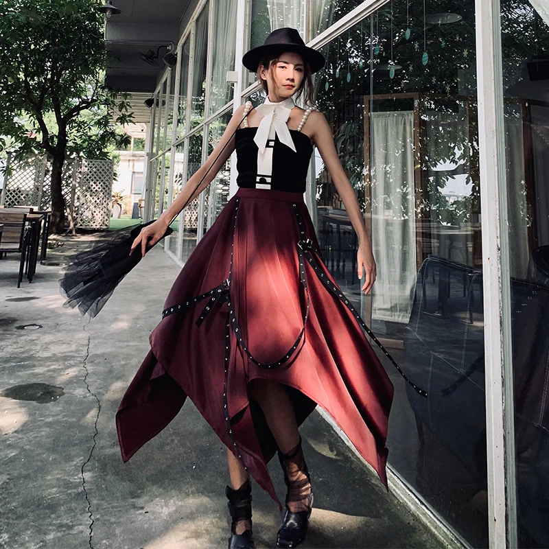 LANMREM Solid Color Stitching Ring Webbing High Waist Irregular Woman Skirt Wild Casual Fashion 2020 Autumn New TV351 | Женская одежда