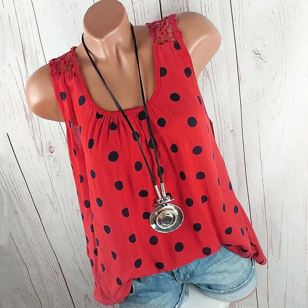 2019 летние женские модные повседневные кружевные топы в горошек без рукавов с