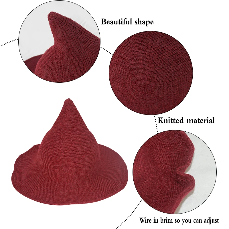 

1PC Halloween Witch Hat Kinitted-Wool Black Wizard Hat For Cosplay Masquerade Party Costume Decor Supplies Winter Adult Kids Cap