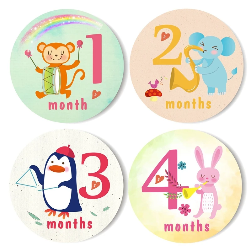 

T5EC 12 Pcs/Set Baby Pregnant Monthly Stickers Music Animal Memory Recording Milestone Sticker Newborn Growth Photo Photography