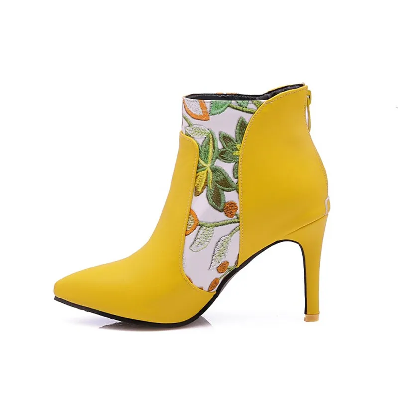 Женские ботильоны на высоком каблуке с вышивкой Качественная обувь из