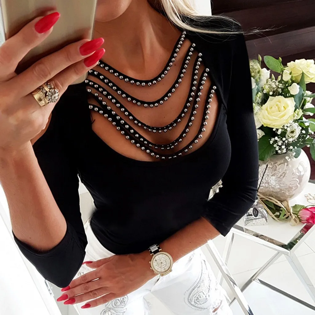 Женская однотонная блузка с бисером Повседневная ажурная длинным рукавом и