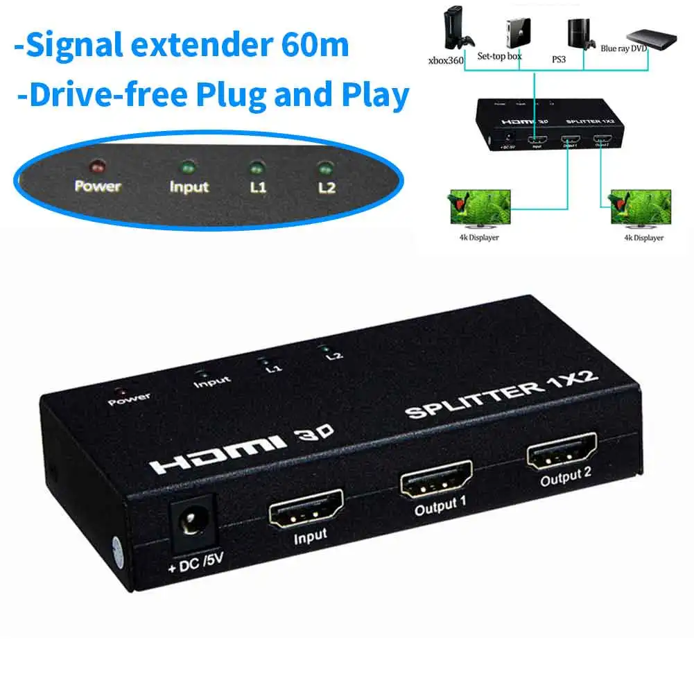 1x2 HDMI split ter Full HD 1080p видео коммутатор 1X2 1 in 2 Out усилитель дисплей для HDTV DVD PS3|Кабели
