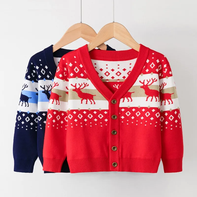 

Children Spring And Fall Cardigans Christmas Deer Print Sweaters For Kids