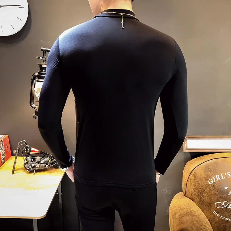 

New trend high-elastic tight-fitting men's bottoming shirt, slim solid color high-neck casual wild long-sleeved T-shirt S-2XL