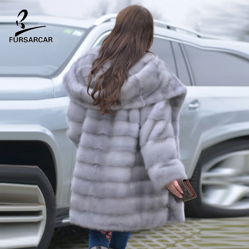 FURSARCAR/большой женский зимний жакет с капюшоном, новые модные роскошные шубы из натурального меха норки серого цвета для женщин, пальто из натурального меха, ткань