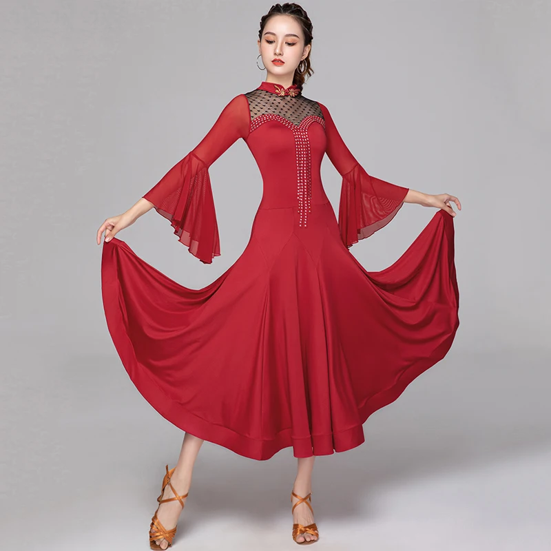 

Elegant Ballroom Competition Dress Women Mesh Performance Costume Waltz Dresses Modern Dance Outfit Tango Dancewear