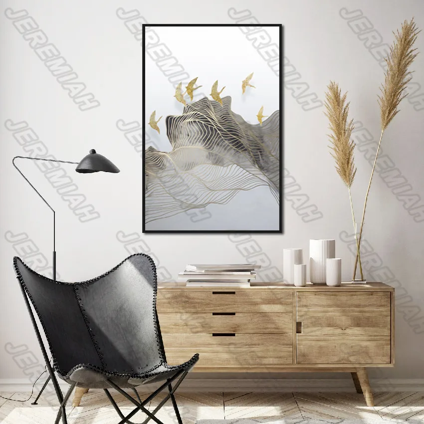 

Rolling Mountains and Golden Bird Poster Nordic Style Wall Art Canvas Print Painting Modern Living Room Decoration