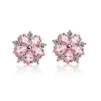 fashion silver plated horse eye zircon stud earrings beautiful pink flower stud earrings elegant womens dinner party jewelry