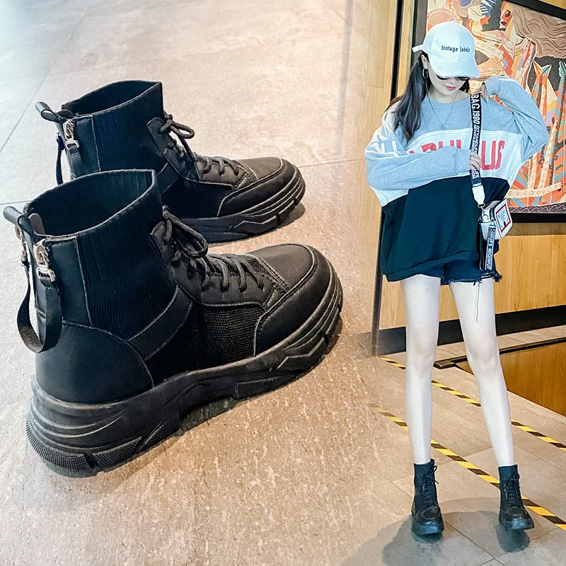 

2020 Winter Women Ankle Boots Fashion Brand comfortable Sock Boots Ladies Shoes lace up short Boots Woman shoes White Black 9h60