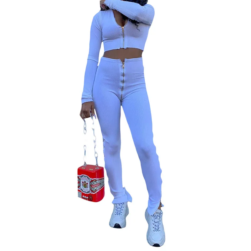 

Adogirl Women Solid Ribbed Zipper Fashion Casual Two Piece Set Autumn Winter Tracksuit Long Sleeve Shirt Crop Top Pencil Pants