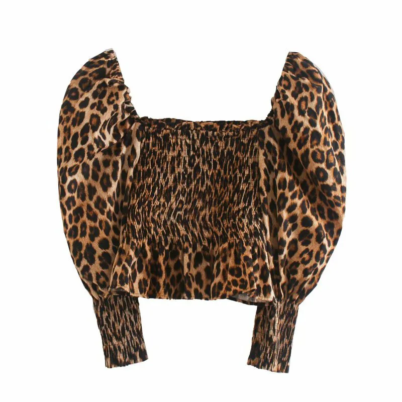 

QWEEK Leopard Print Shirt for Women Puff Sleeve Blouse Women Spring 2021 Fashion Elastic Ruffles Fit Shirt Chic Crop Tops
