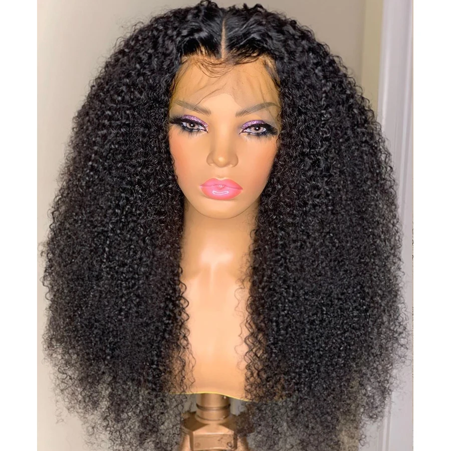 

180%Density 26Inch Natural Black Soft Kinky Curly Long Glueless Remy Lace Front Wig High Temperature For Women With Baby Hair