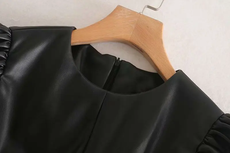 Модное женское платье из искусственной кожи с коротким рукавом, элегантное женское мини-платье с круглым вырезом