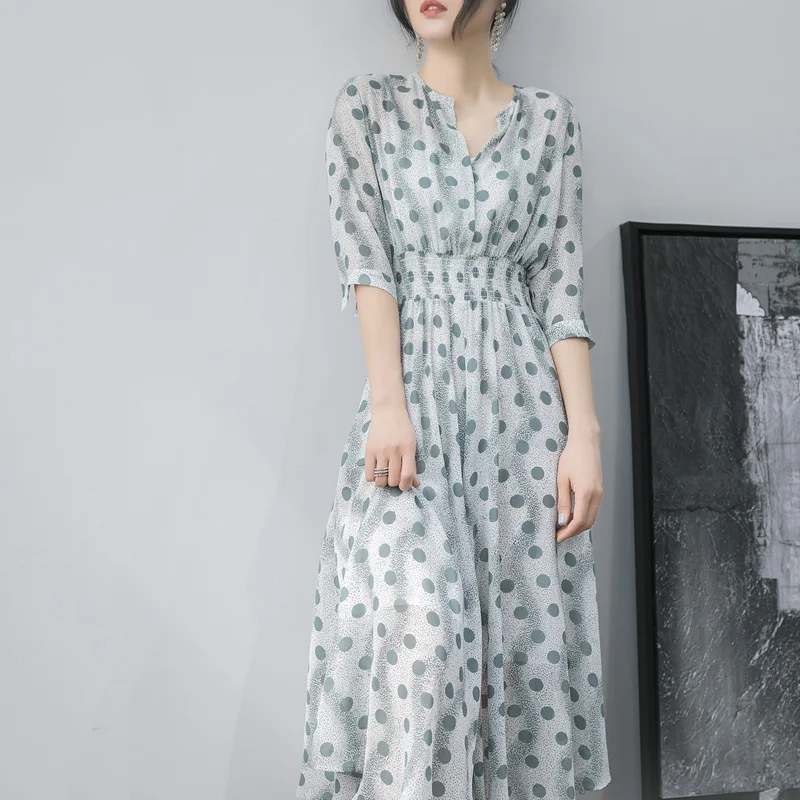 

New 2022 Summer Women Chiffon Dress Korean V-neck High Waist Floral Print Beach Half Sleeves Midi Dresses Backless Sexy Vestidos
