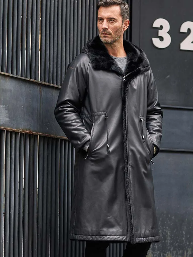 

Mens Cowhide Jacket Double-Sided Mink Fur Coat Black Leather Outwear Long Oversize Parkas Hooded Winter Outwear