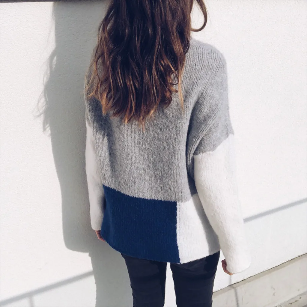 Женский свитер с круглым воротником синий лоскутный головной убор длинными