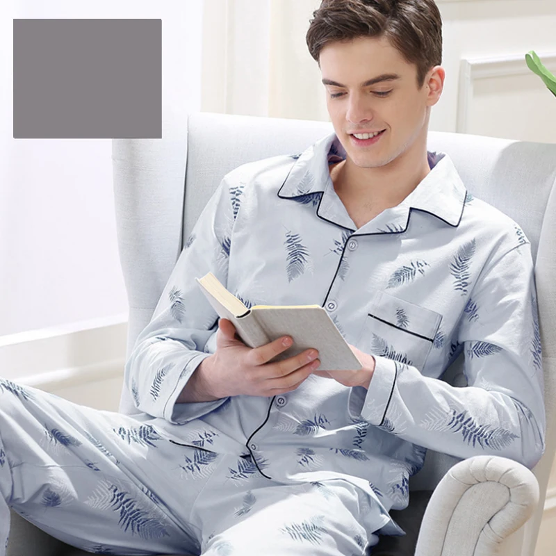 Пижама Мужская с длинным рукавом пижама из чистого хлопка комплект для сна