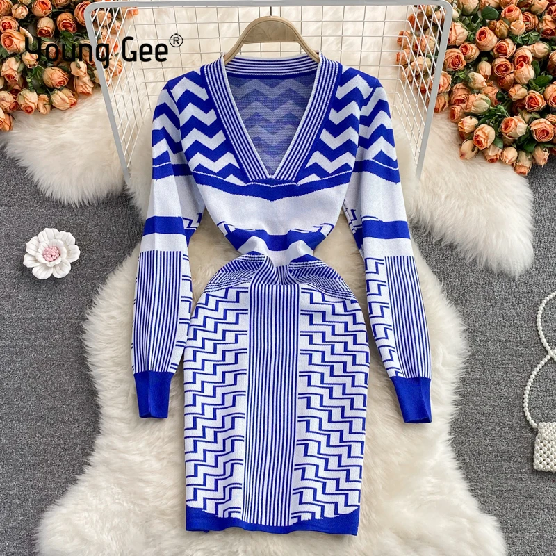 

Young Gee Elegant Women Knitted Dress Sexy Deep V-neck Long Sleeve Blue and white porcelain Sweater Fall Winter Dresses vestido