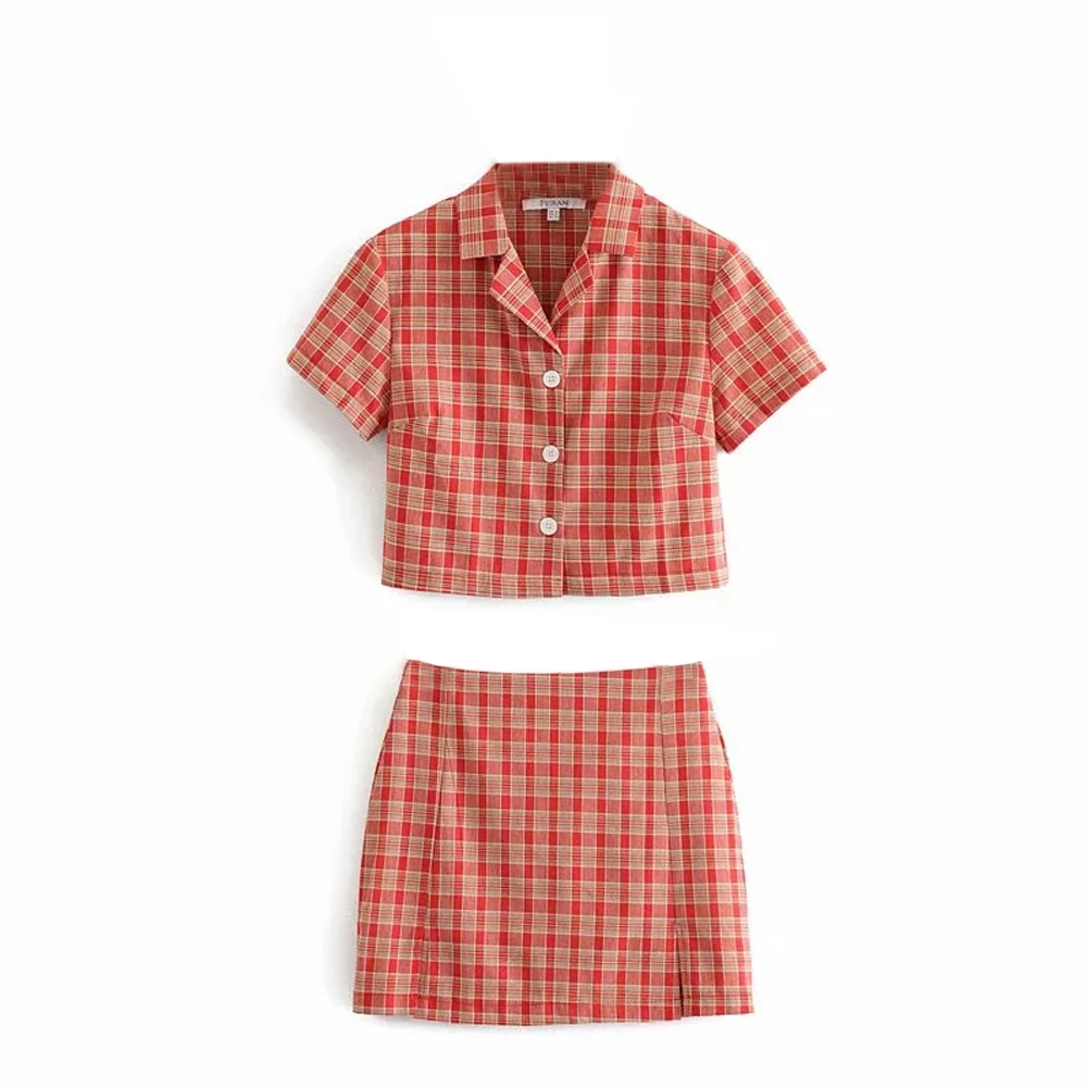 

2021 Summer tops Brief paragraph T Shirt New Style Women England Red Lattice Lapel Single-Breasted Female Short Sleeve Chic Top