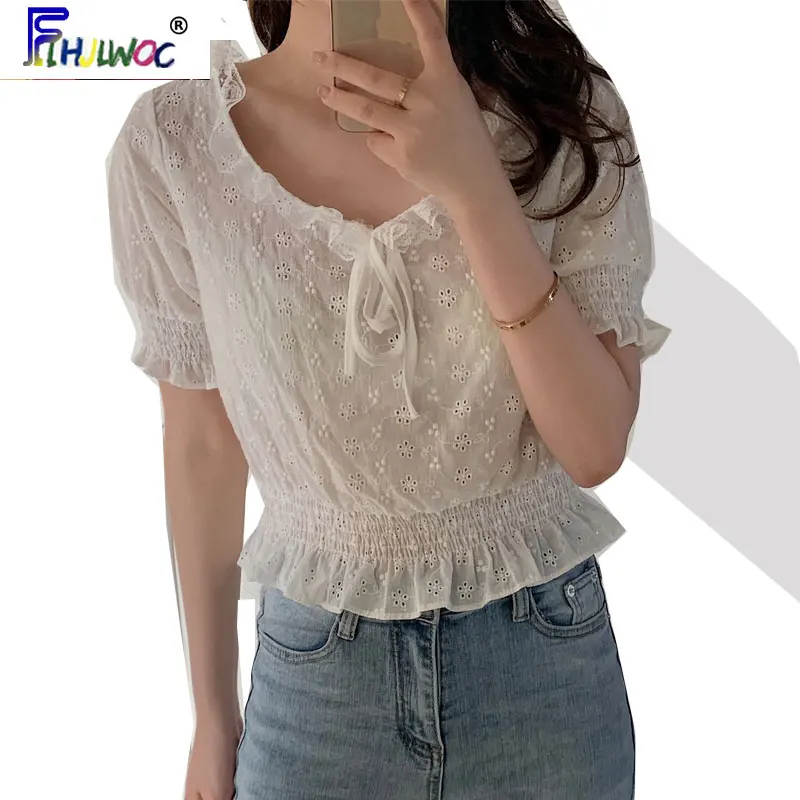 

2020 Cute Bow Tie Vintage Tops Hot Women Flhjlwoc Preppy Girls Date Embroidery Flower White Shirt Short Peplum Top Blouse 4418