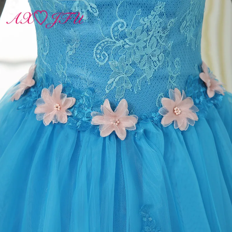 

AXJFU luxury princess blue lace evening dress vintage v neck beading pink flower sleeveless ball gown stage bride evening dress