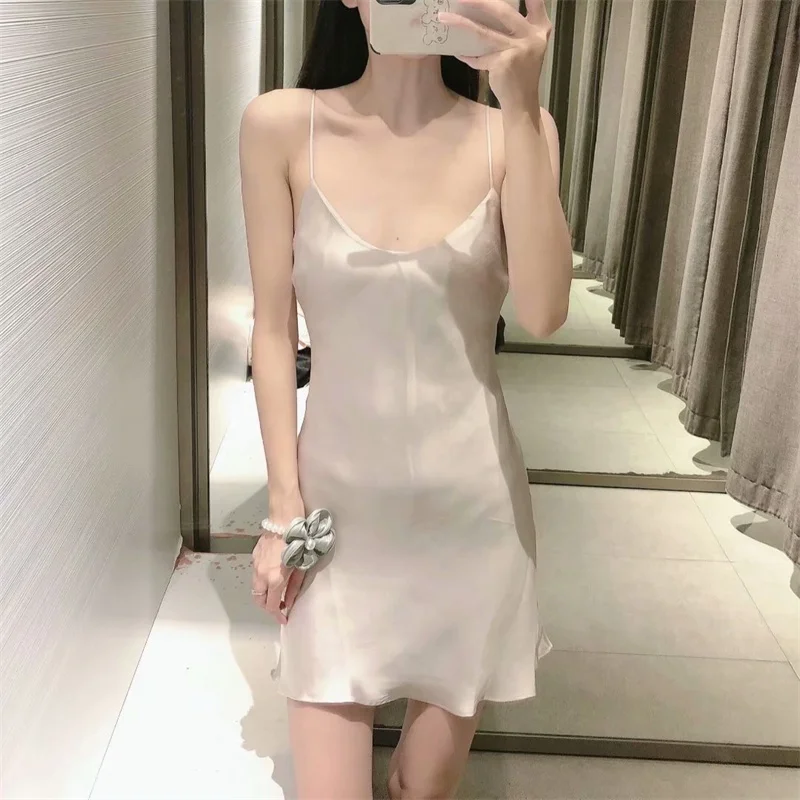 

2021 Summer Pearl Gray Satin Slip Mini Dress Za Sexy Spaghetti Straps Woman Dresses Fashion Backless Strappy Party Female Dress