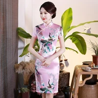 new hot chinese traditional dress print flower women short slim cheongsam sexy high split qipao women rayon bodycon short dress