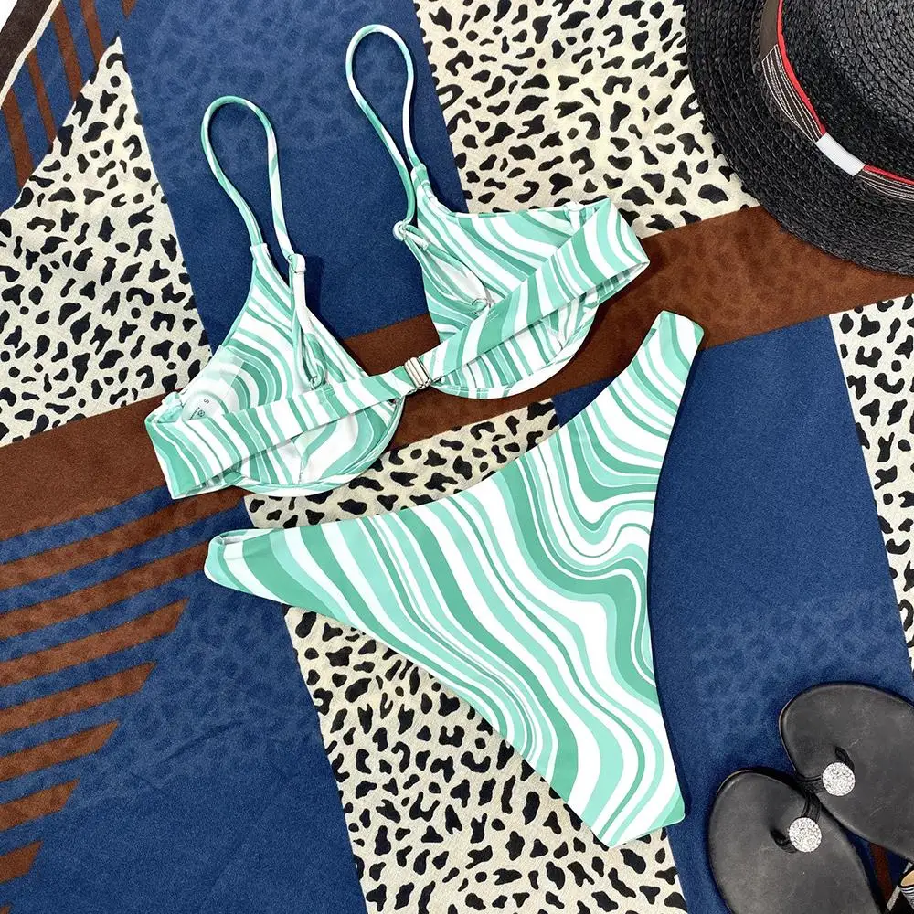 

V-Bar Underwired Bikini Women Swimsuit Female Striped Print Swimwear 2021 Sexy Bikini Set Bather Bathing Suits Summer Beach Wear