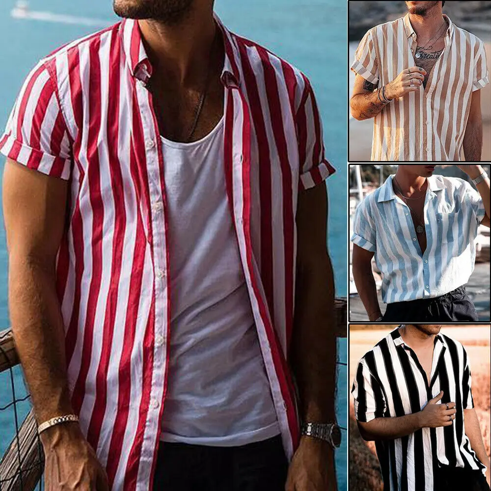 

Fashion Summer 2021 Men's Striped Short Sleeve V-Neck Striped Button Up Shirt Summer Casual Blouse Tee Tops