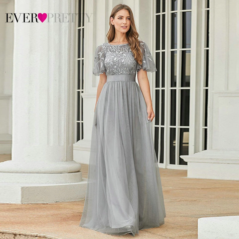 Блестящие серые платья для выпускного вечера Ever Pretty A-Line с круглым вырезом и блестками с коротким рукавом элегантные вечерние платья Robe De Soiree Femme